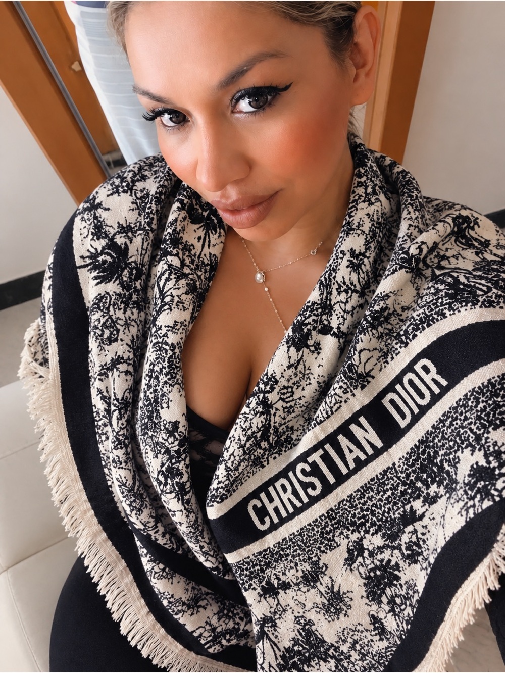 Dior Black and Cream Christian Dior Logo Jacquard Wrap